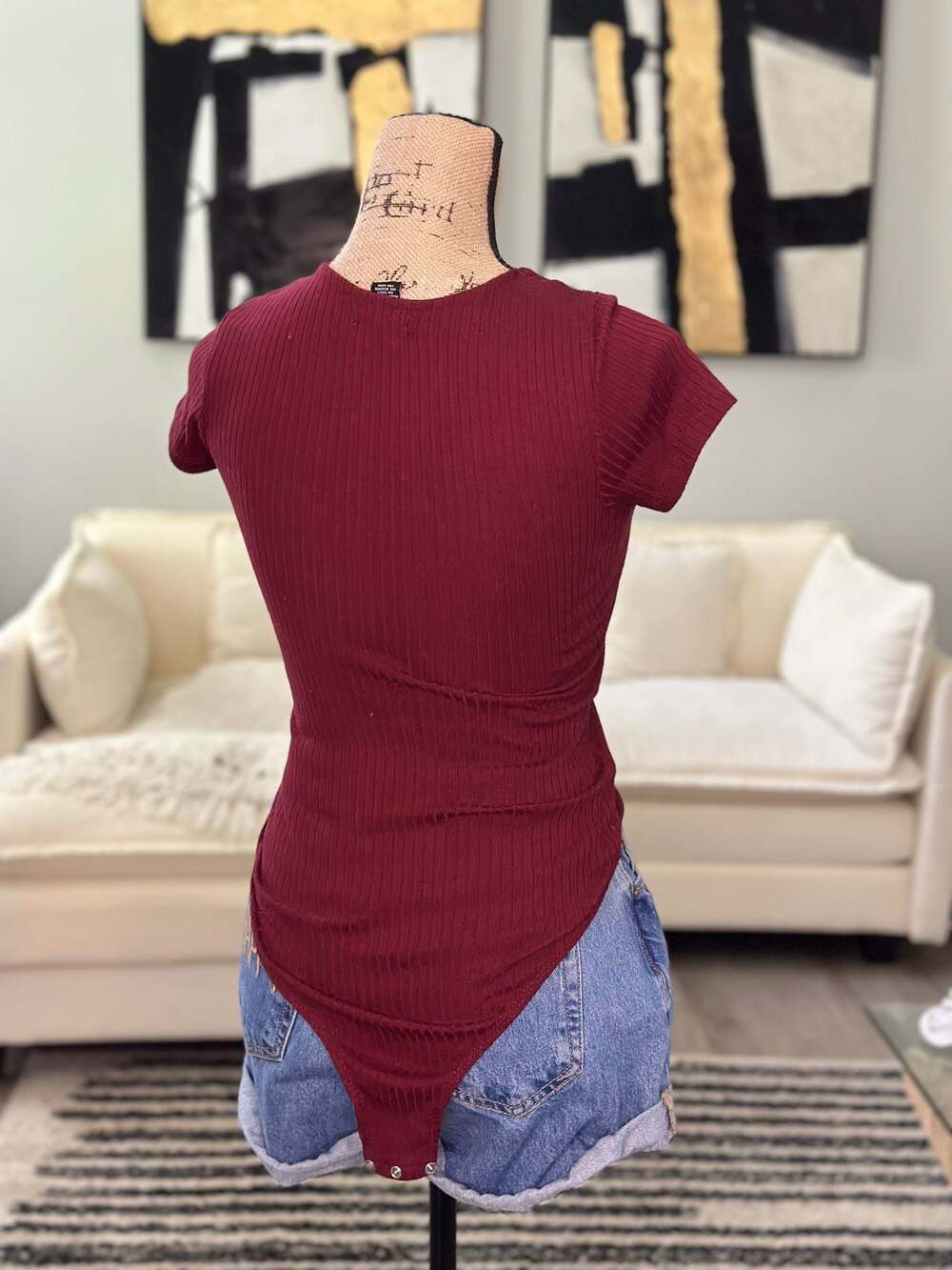 rue21 Ribbed Lace-Up Front Short Sleeve Bodysuit in Burgundy - Picture 5 of 6